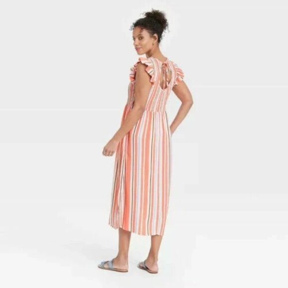 A New Day Women’s Ruffle Sleeve Smocked Midi Dress Orange Stripe Size S NWT - Picture 3 of 3